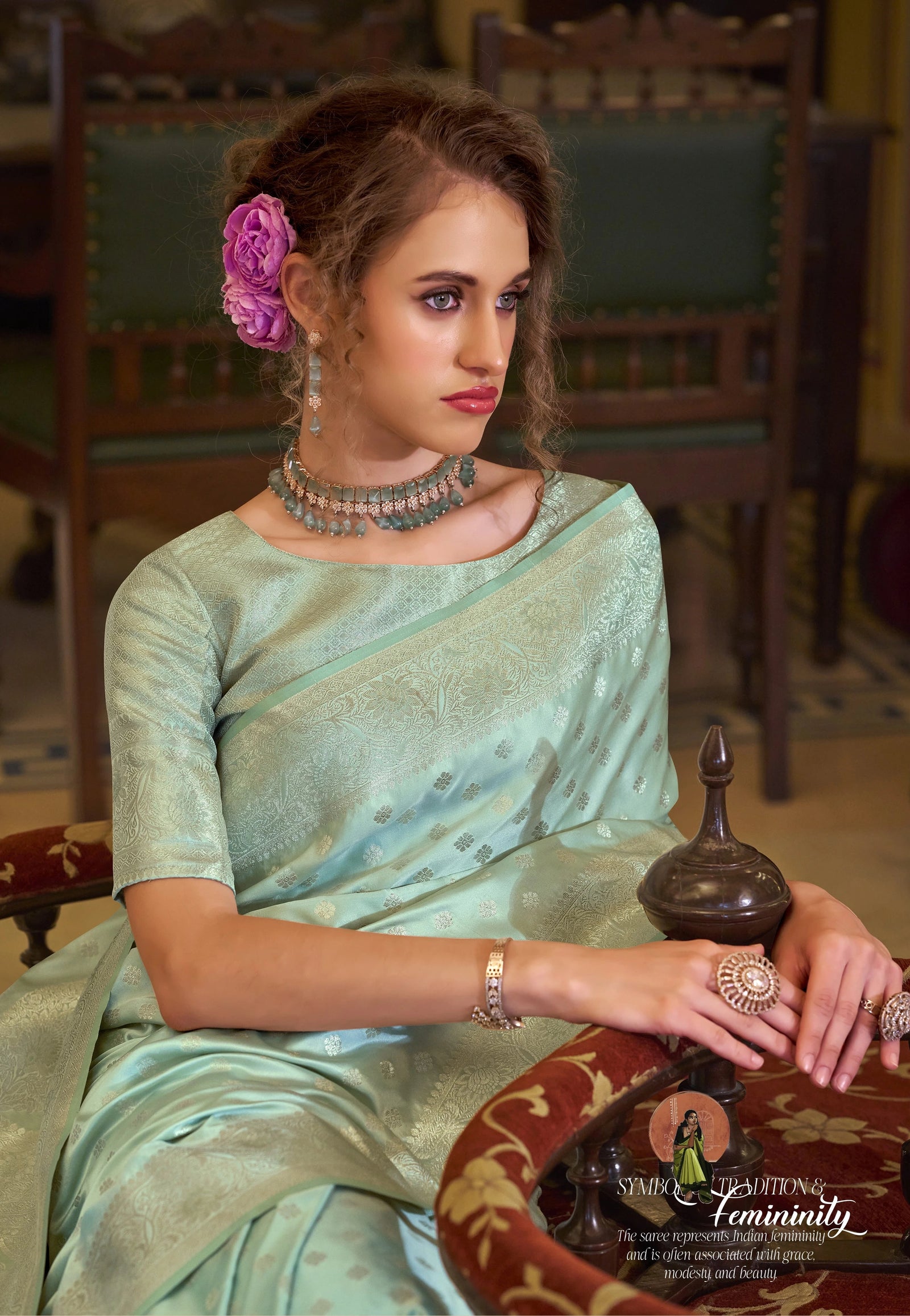 Sky Blue Embroidery Work Satin Banarasi Silk Saree Agarwal Saree