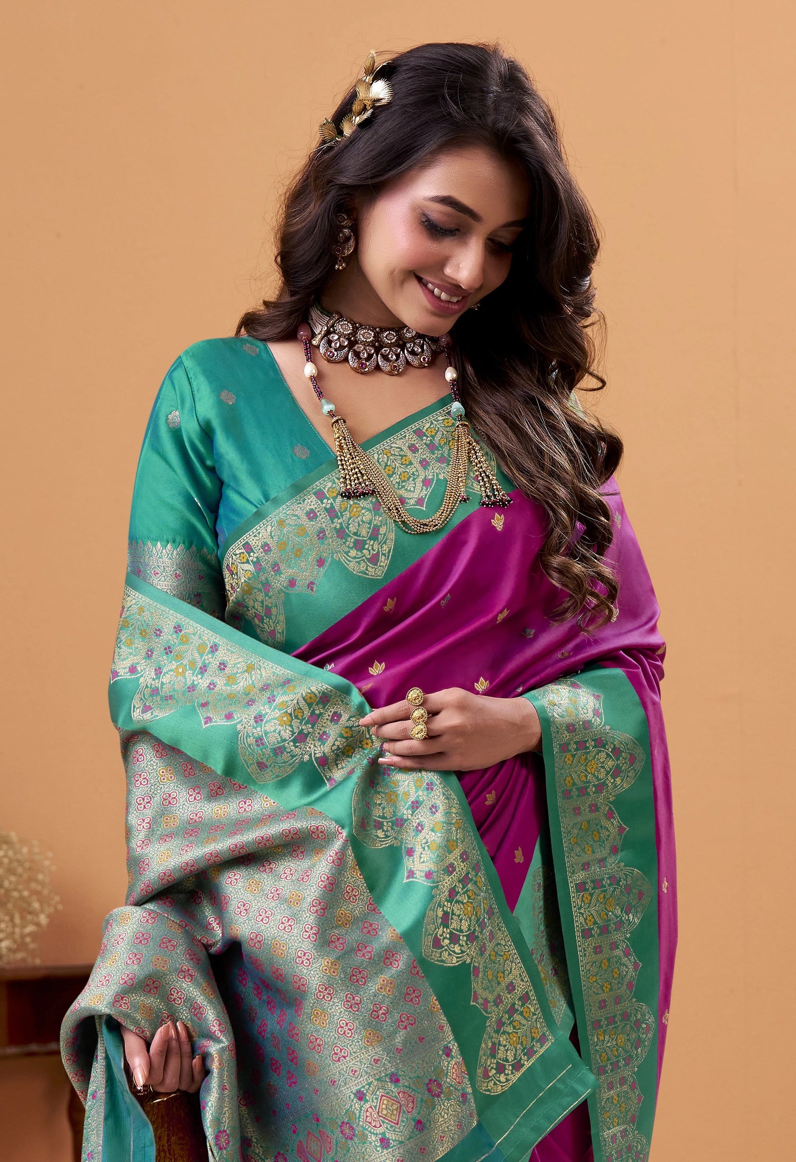 Deep Purple Floral Print Linen Silk Saree Kalyanja Fashion