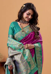 Deep Purple Floral Print Linen Silk Saree Kalyanja Fashion