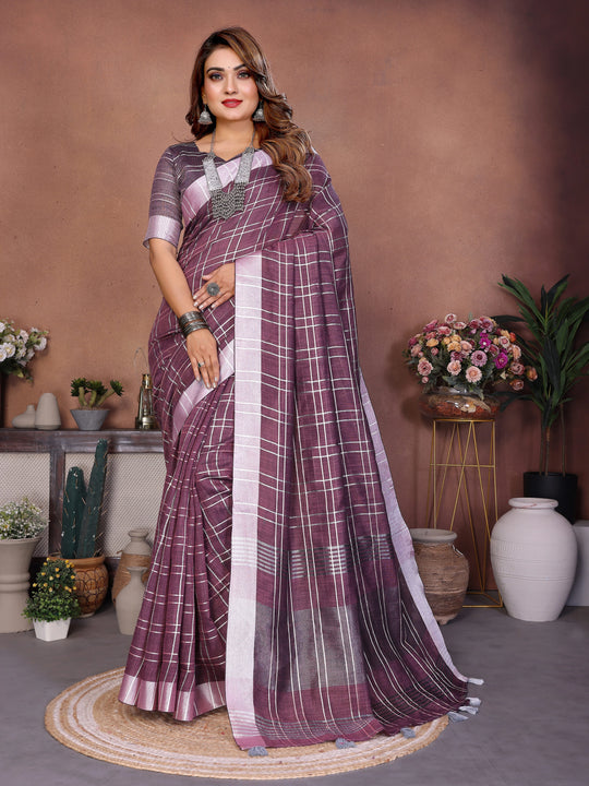 Purple Ached Weaving Soft Linen Saree - kalyanja