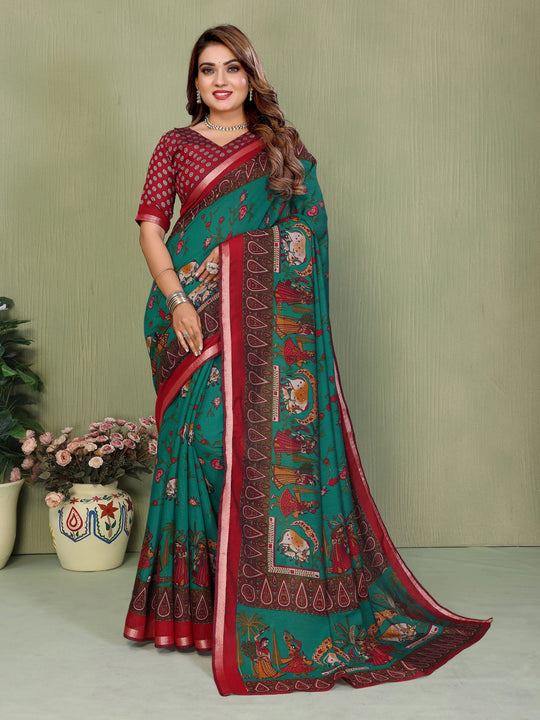 Kalamkari print green Mul cotton saree – Kalyanja.