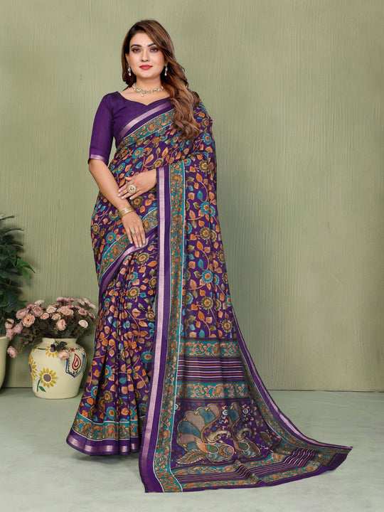 purple kalamkari print mul cotton saree