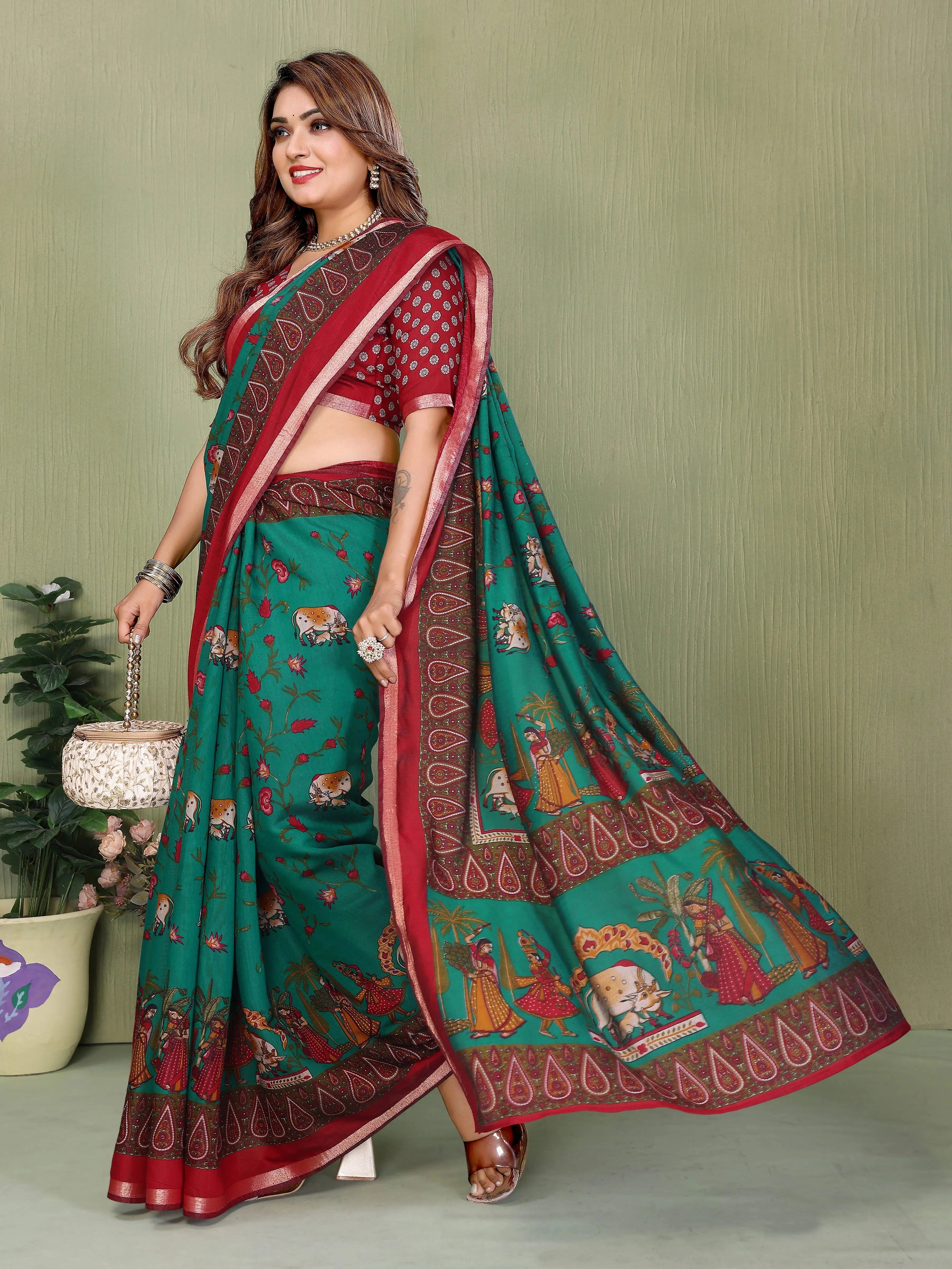 Kalamkari print green Mul cotton saree – Kalyanja.