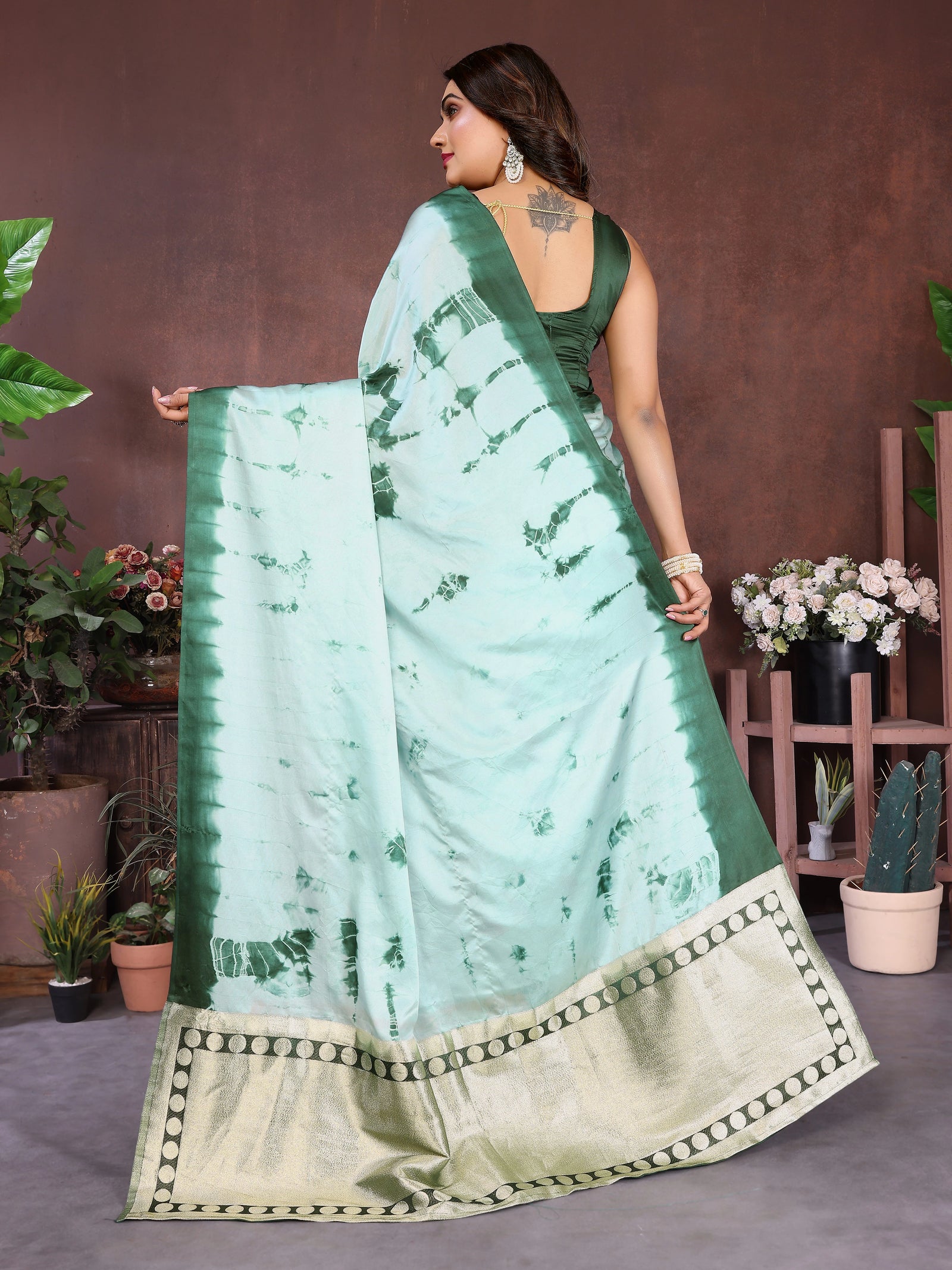 Green Sibori Work Soft Satin Silk Saree – Kalyanja