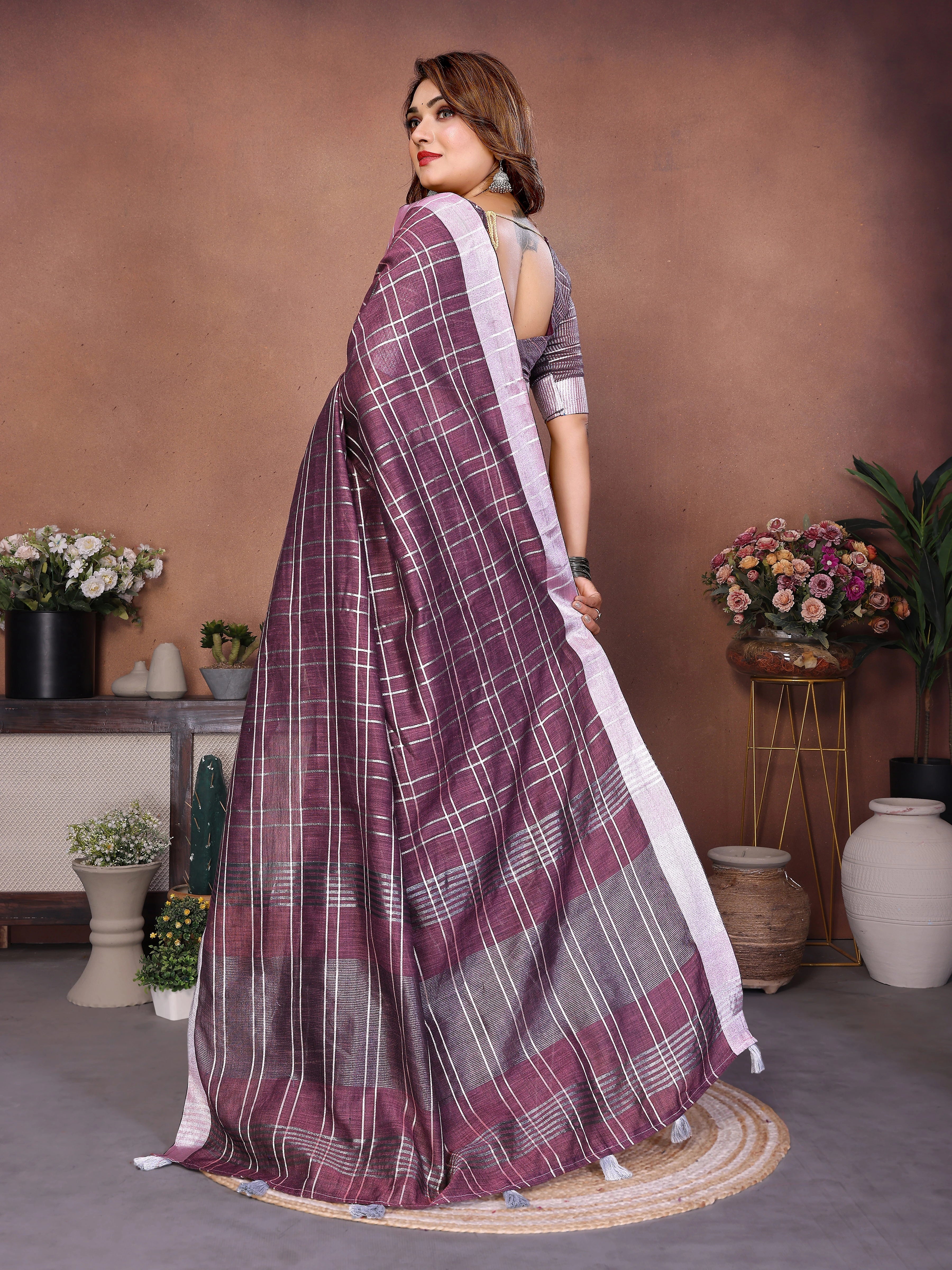 Purple Ached Weaving Soft Linen Saree – Kalyanja