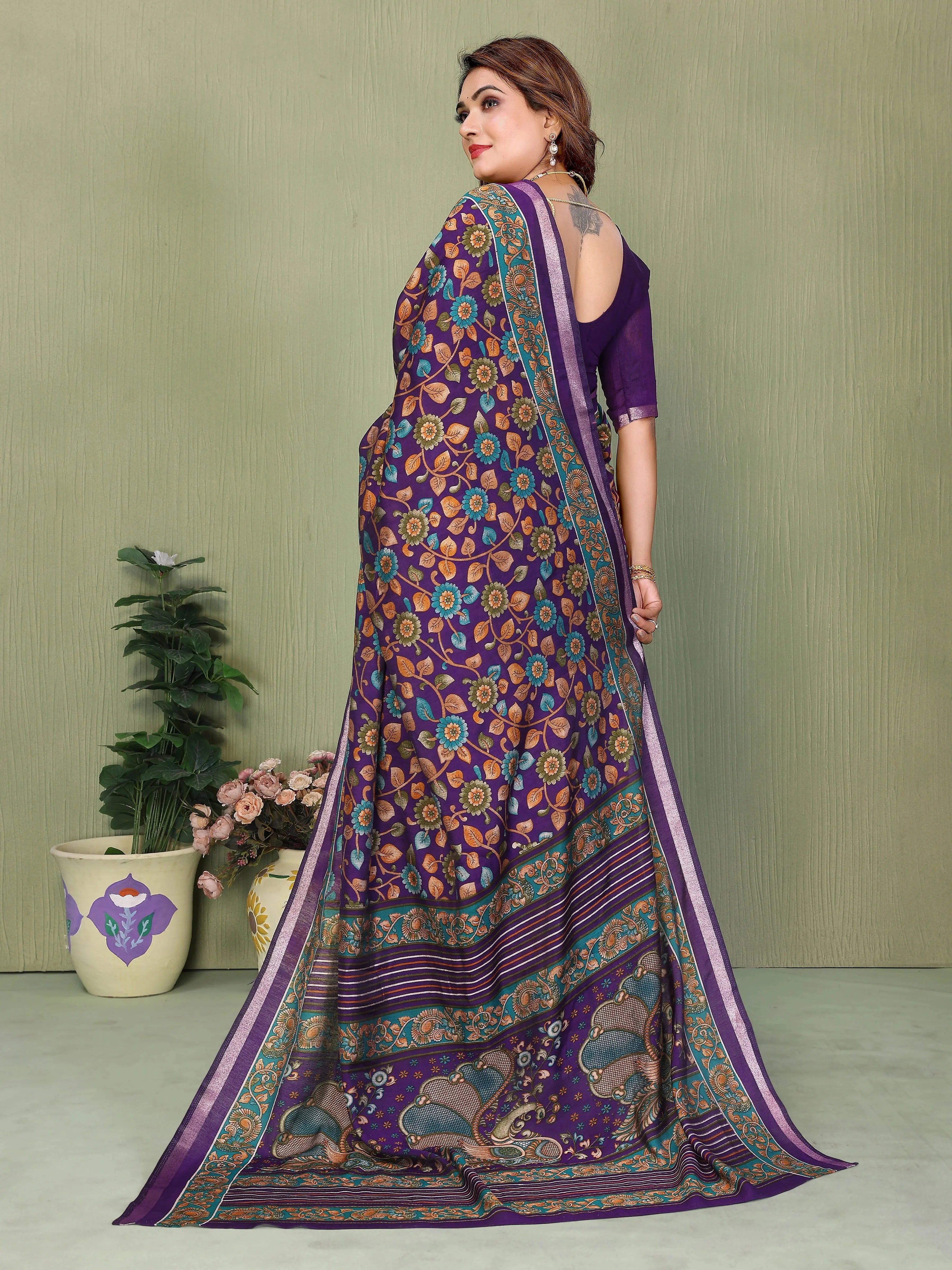 Purple Kalamkari Print Mul Cotton Saree