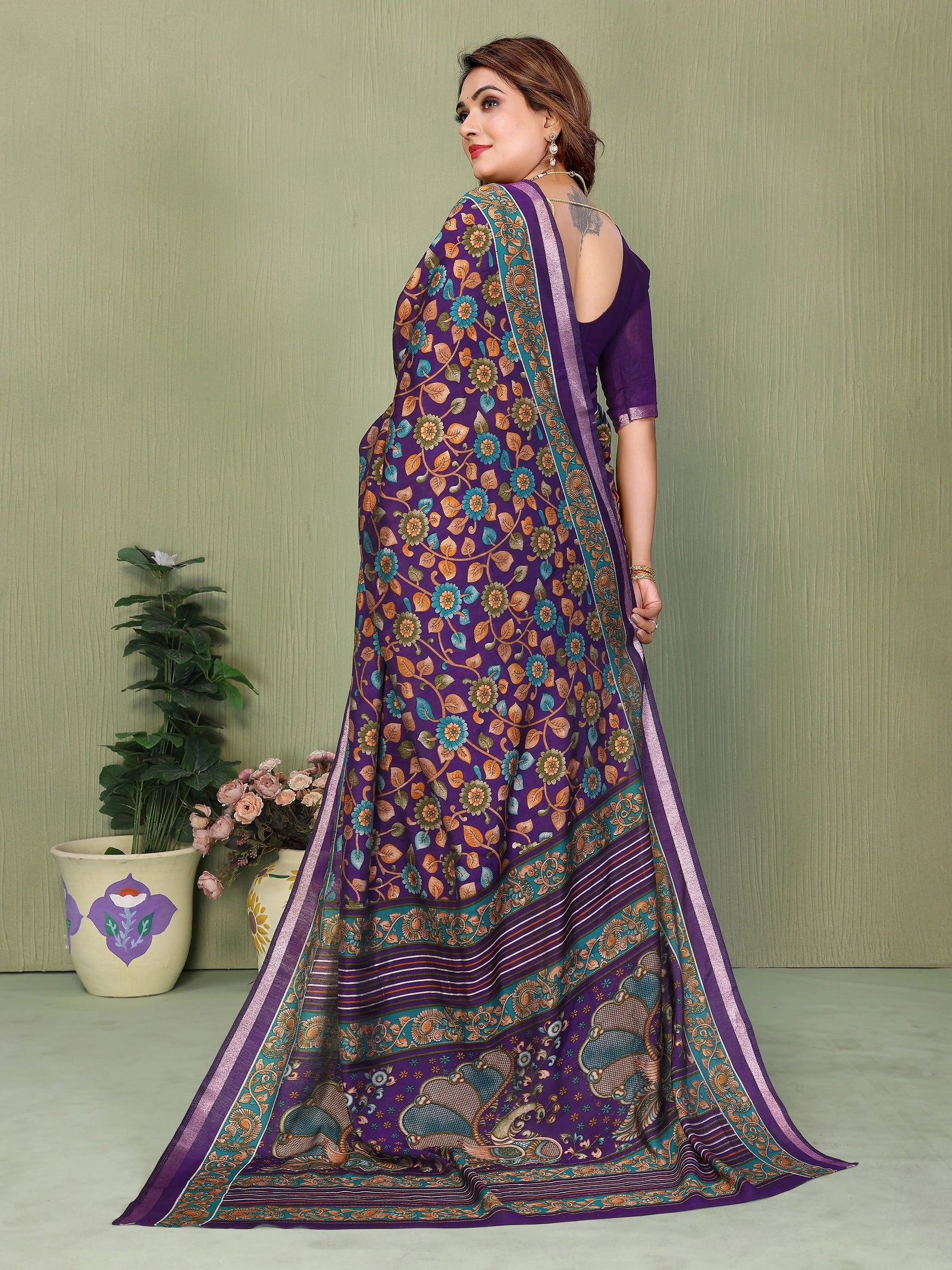 Purple Kalamkari Print Mul Cotton Saree