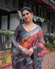 Gray Multicolor Floral Print Linen Cotton Saree