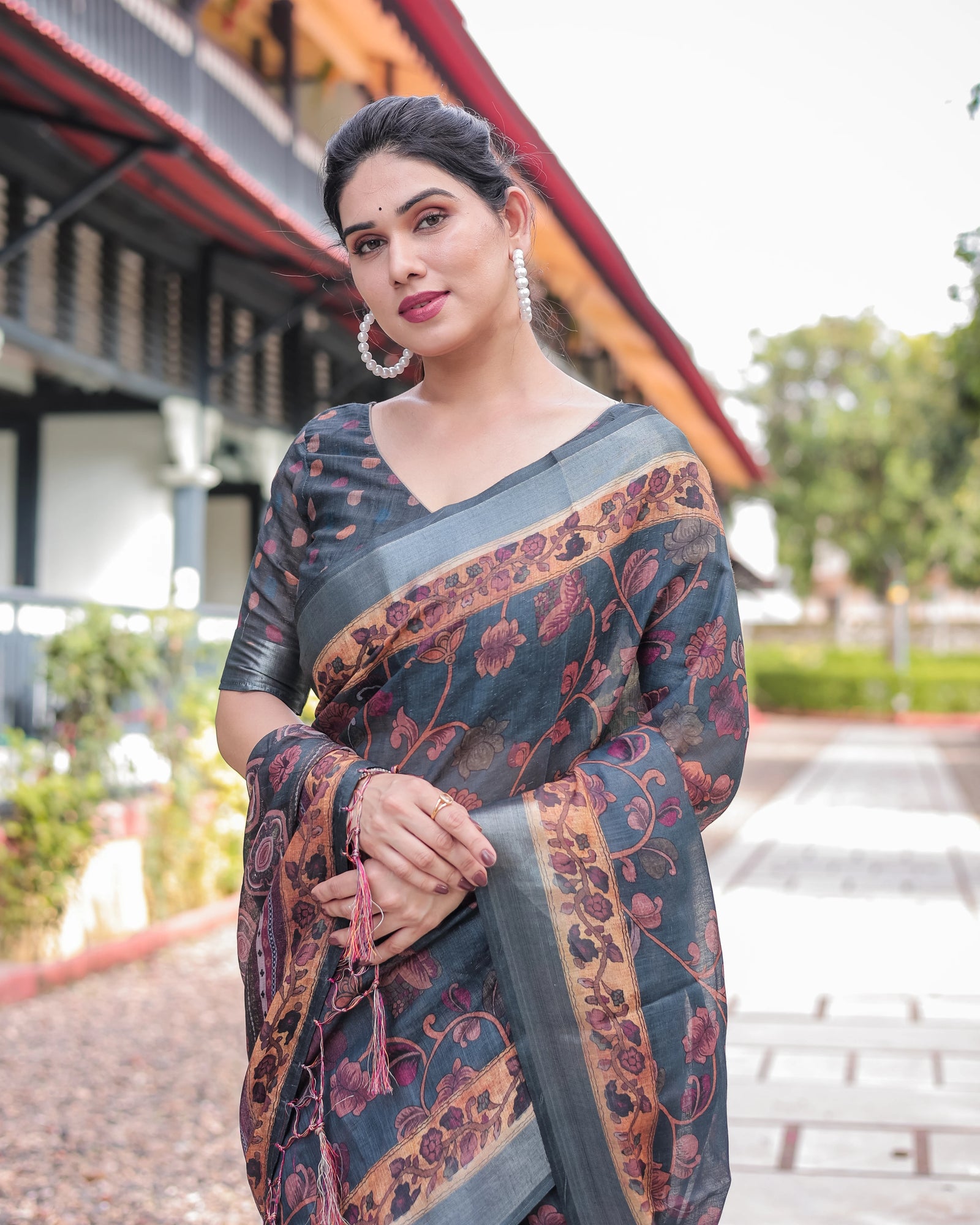 gray floral print linen cotton saree