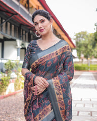 gray floral print linen cotton saree