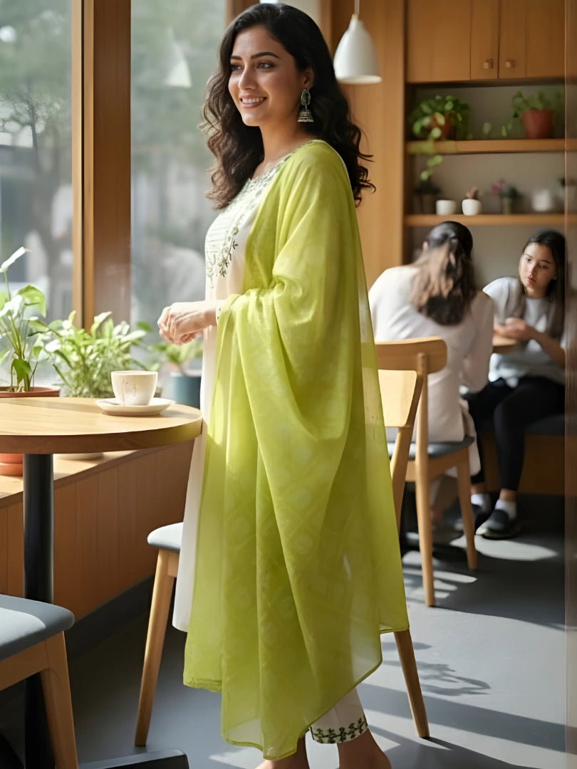Woman in a bright yellow outfit standing in a modern cafe.