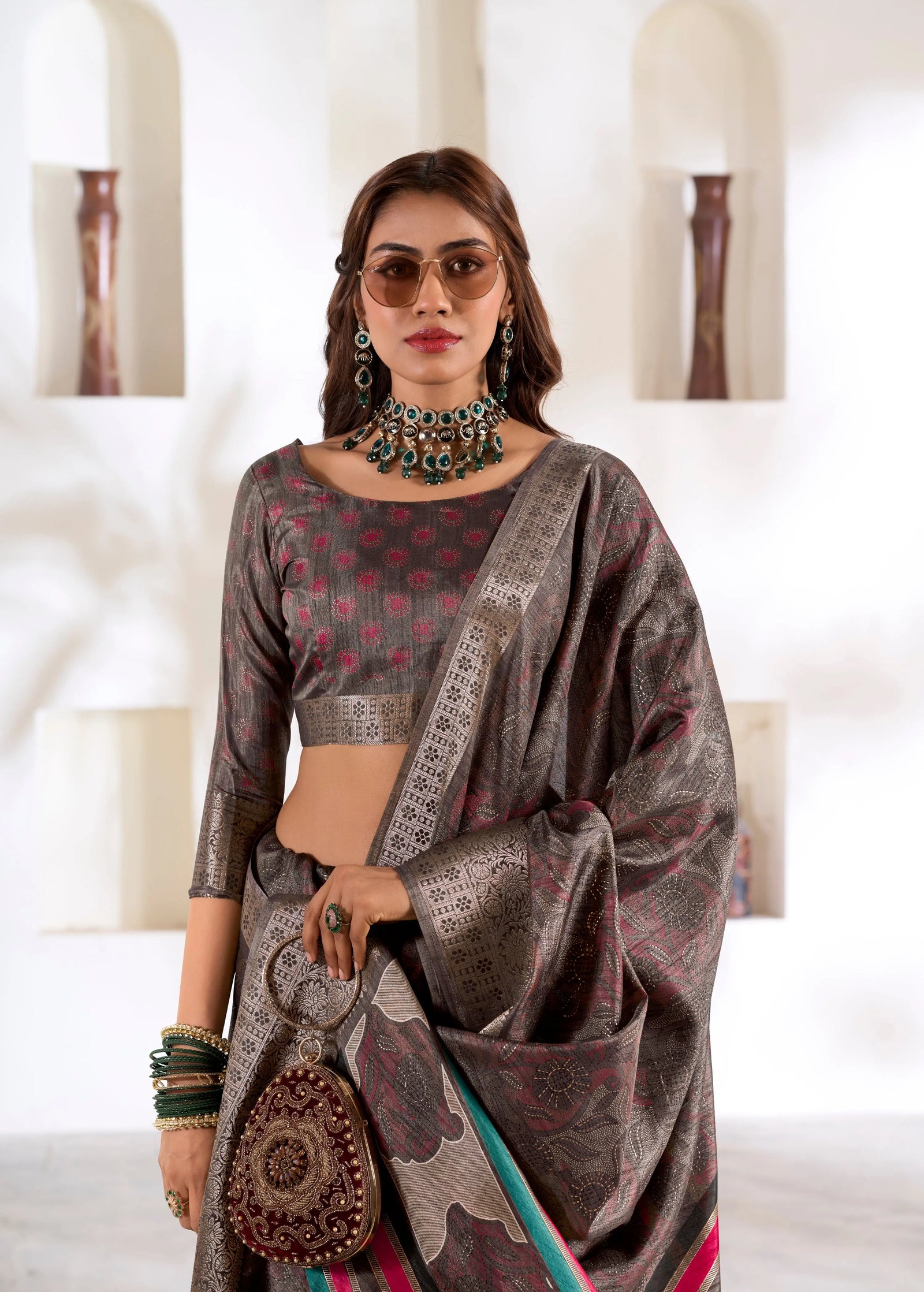 Brown Foli Print Soft Dola Silk Saree