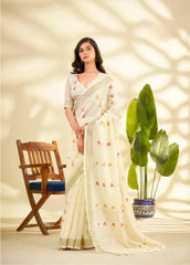 beige handloom style weaving linen silk saree - kalyanja