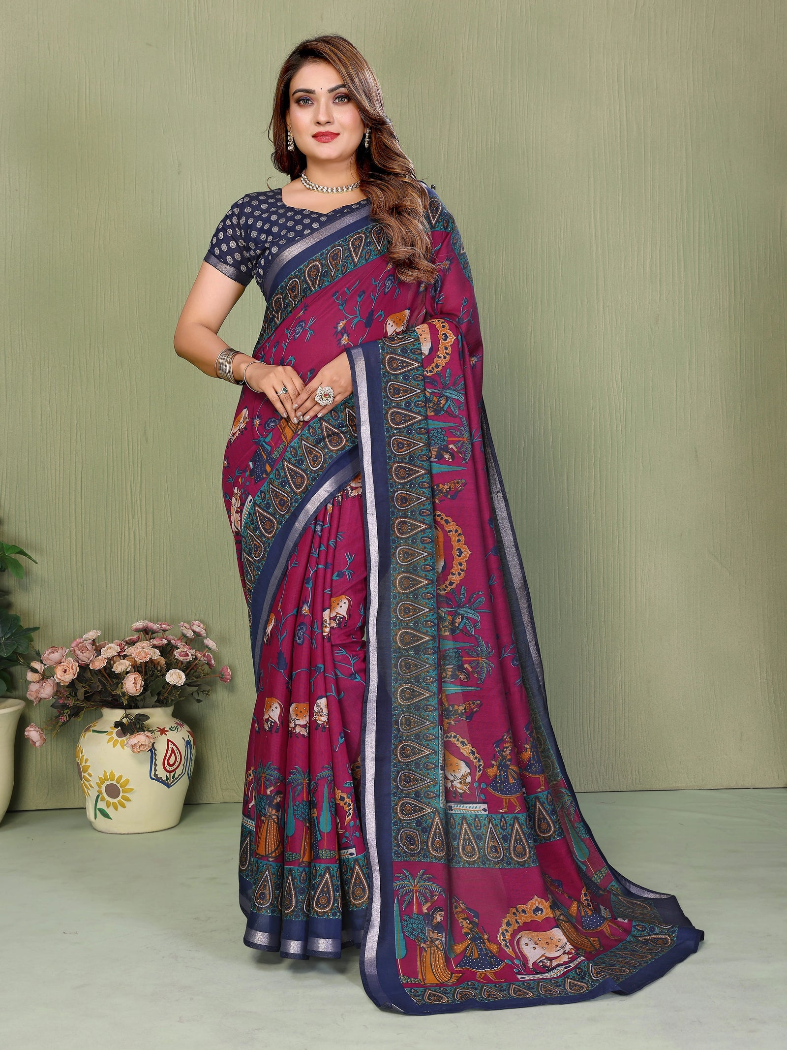 Magenta Mul Cotton Kalamkari Print Saree – Kalyanja