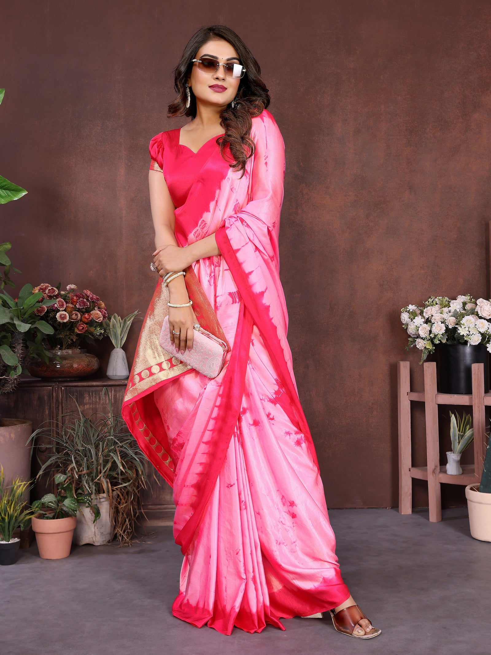 Dark Pink Sibori Work Soft Satin Silk Saree – Kalyanja