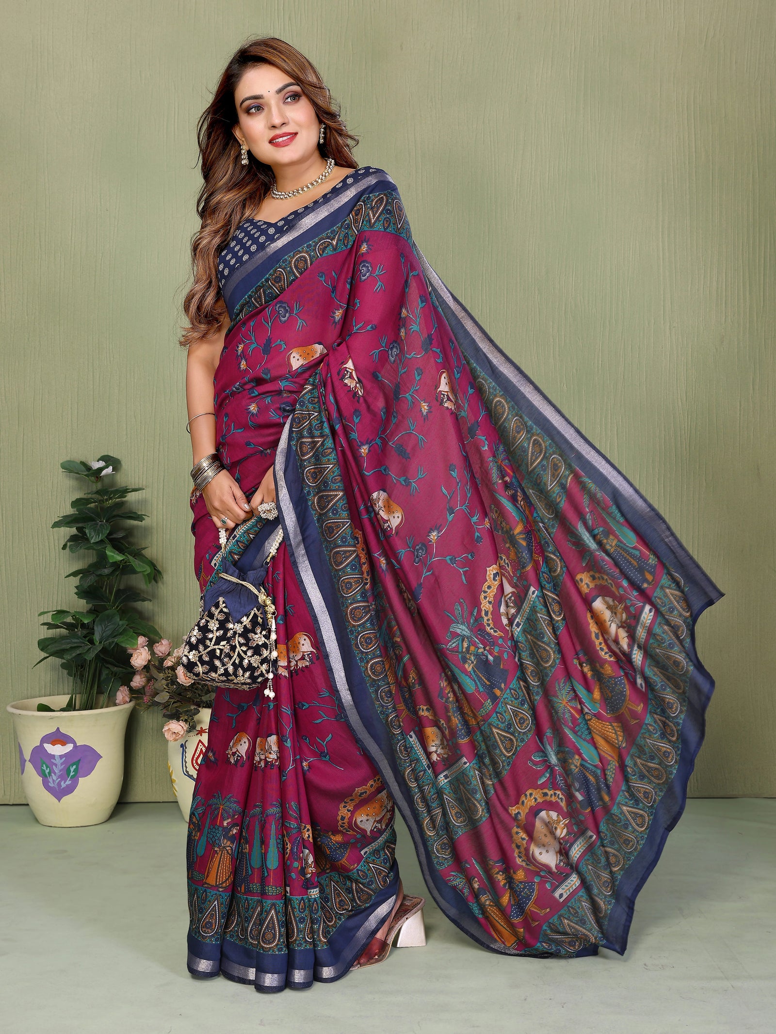 Magenta Mul Cotton Kalamkari Print Saree - kalyanja