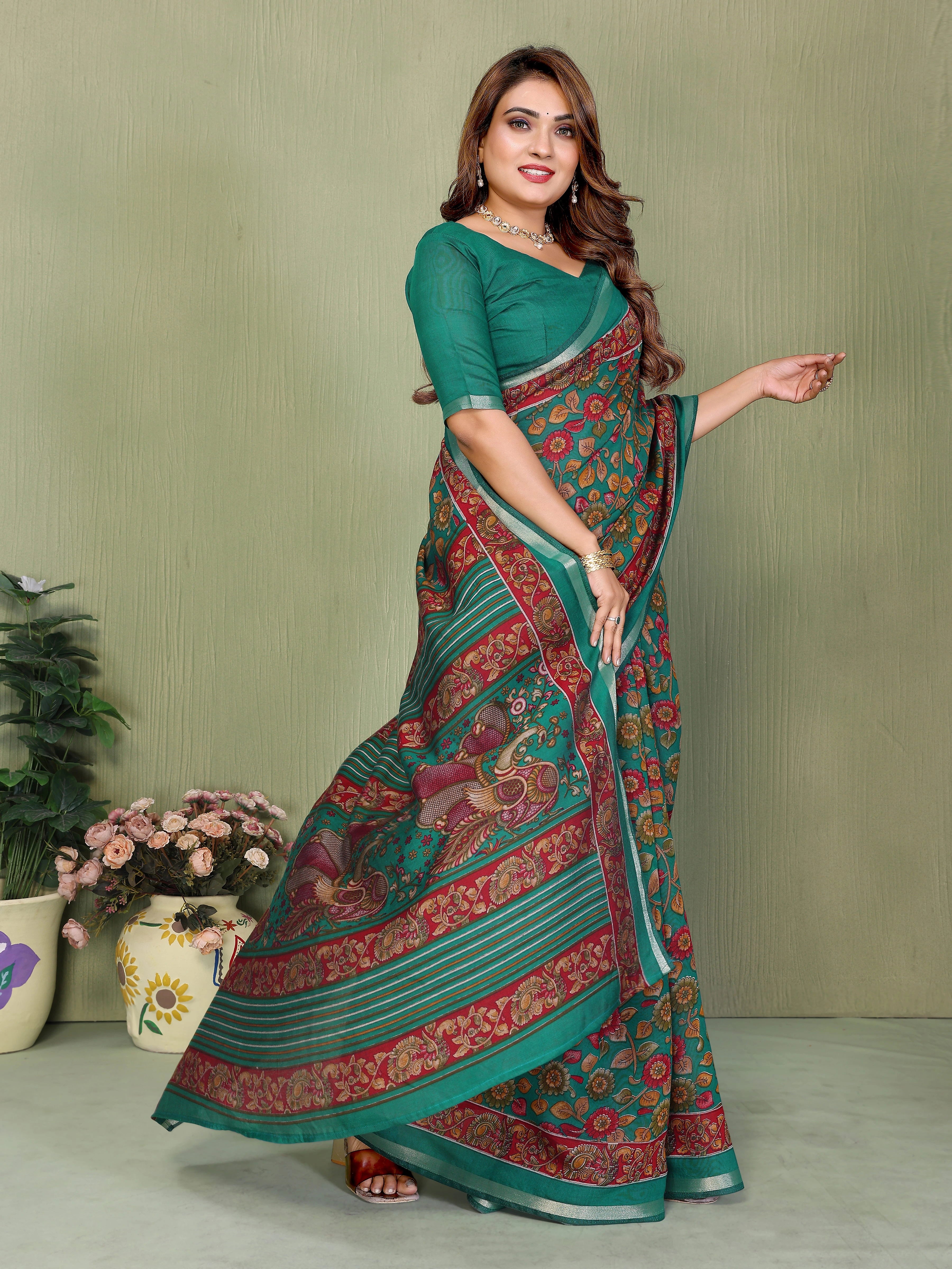 Green Kalamkari Print Mul Cotton Saree - kalyanja