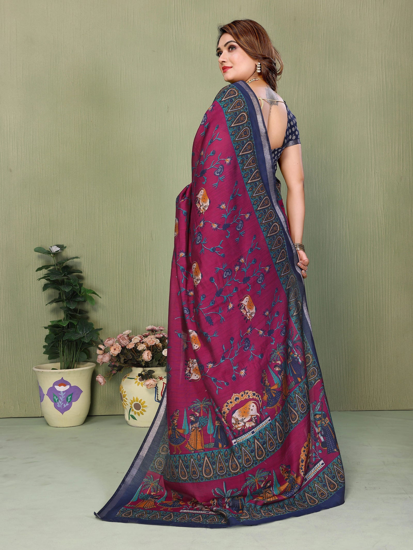 Magenta Mul Cotton Kalamkari Print Saree – Kalyanja