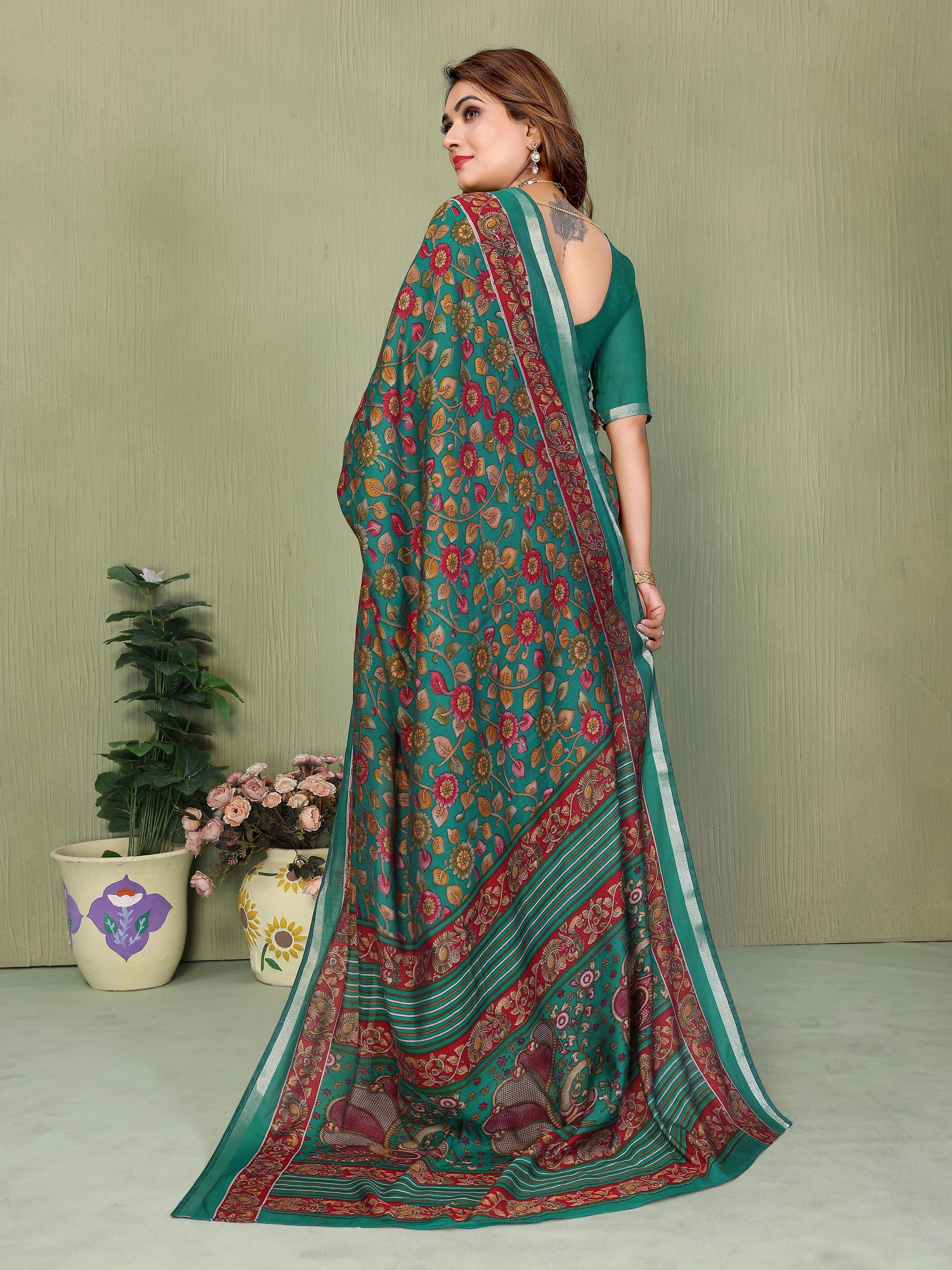 green kalamkari print mul cotton saree