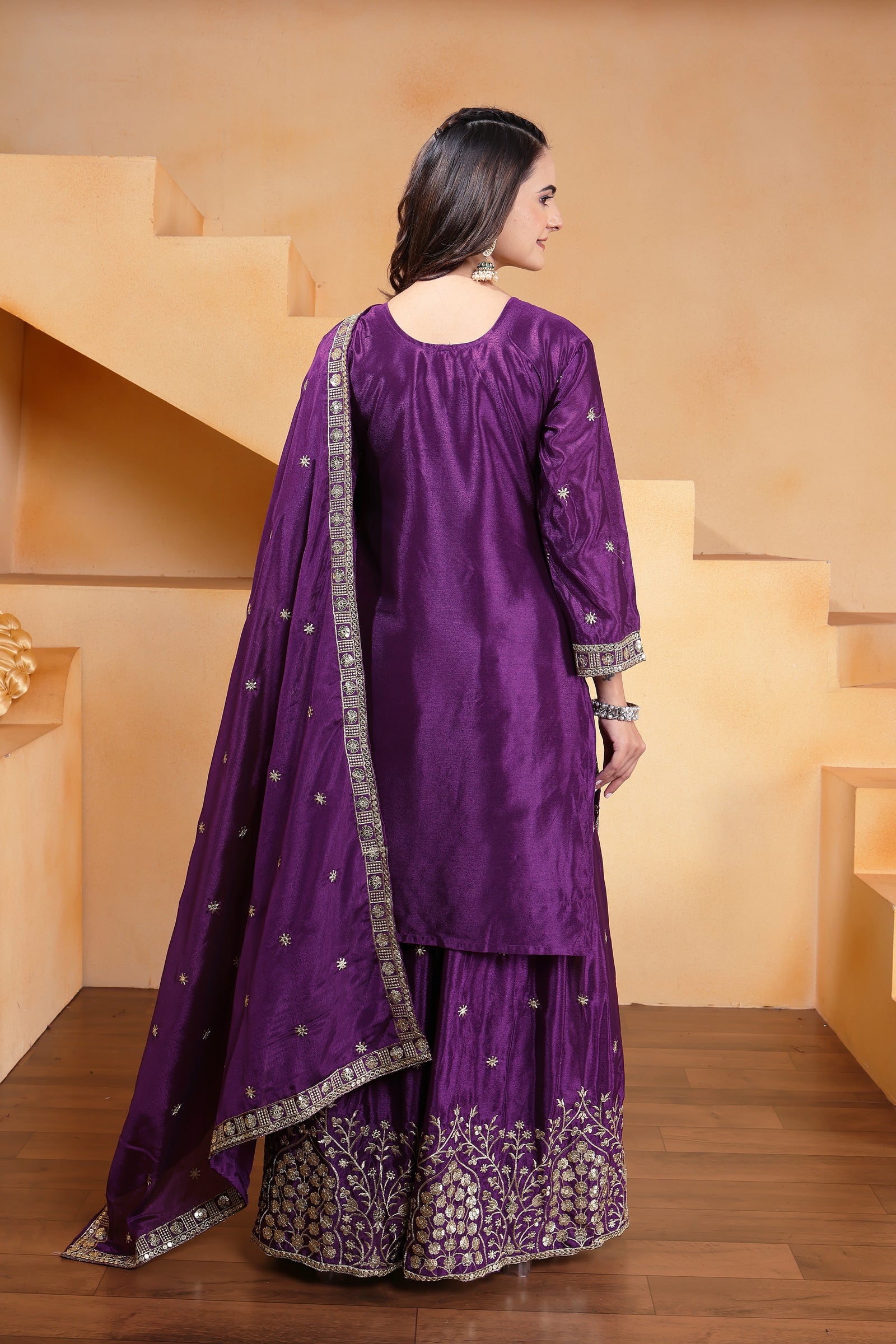 Wine Sequins Embroidery Work Chinon Suit – Kalyanja