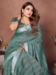 Teal Ached Weaving Soft Linen Saree - kalyanja