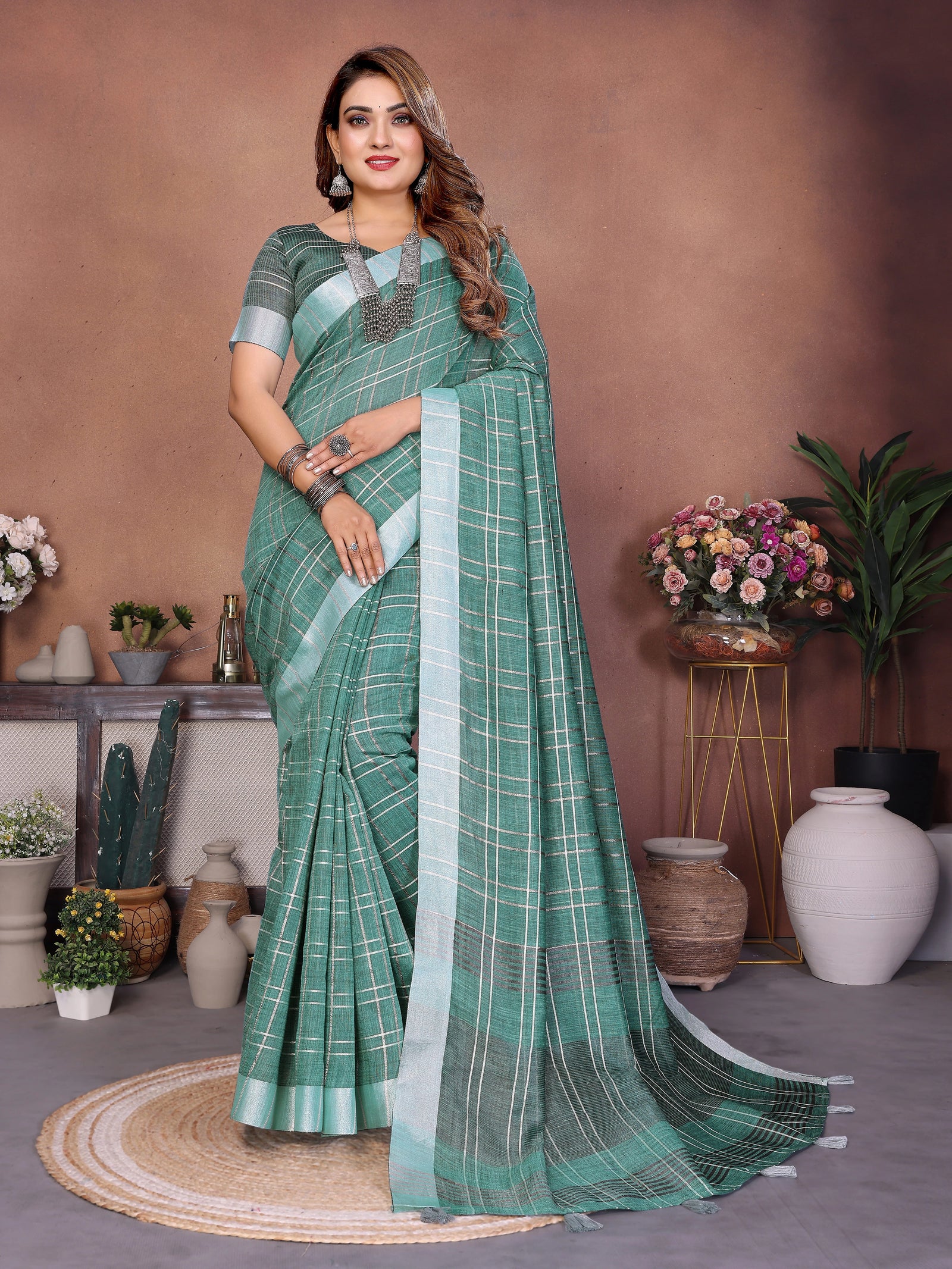 Teal Ached Weaving Soft Linen Saree – Kalyanja