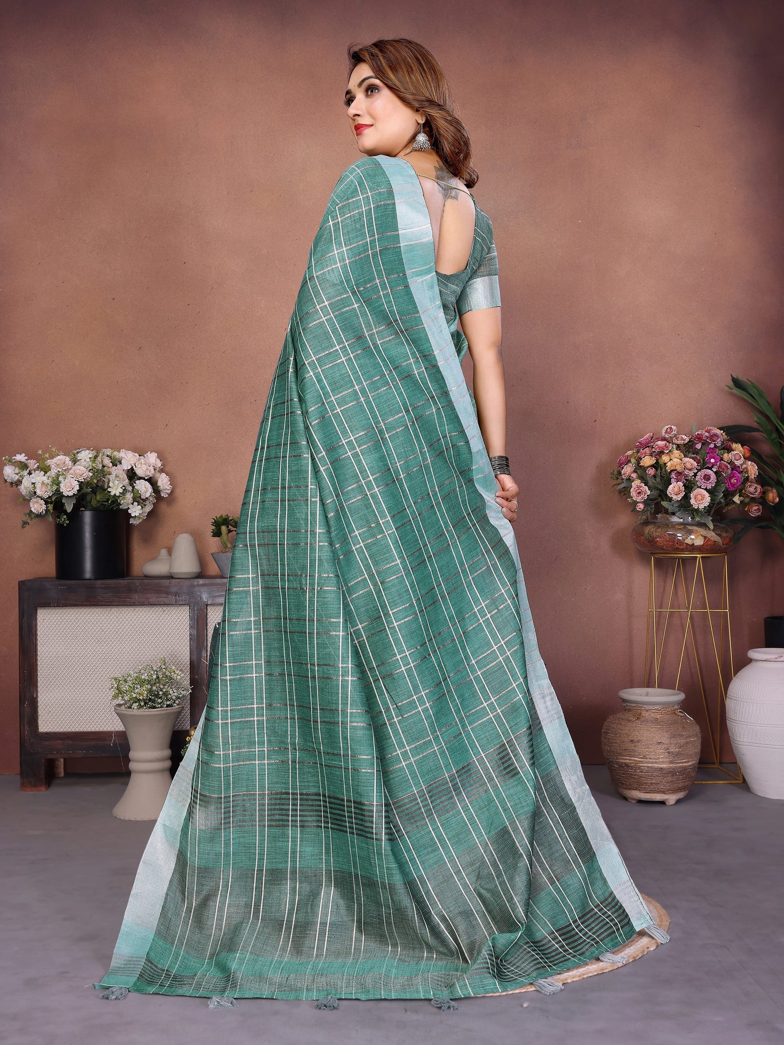 Teal Ached Weaving Soft Linen Saree – Kalyanja