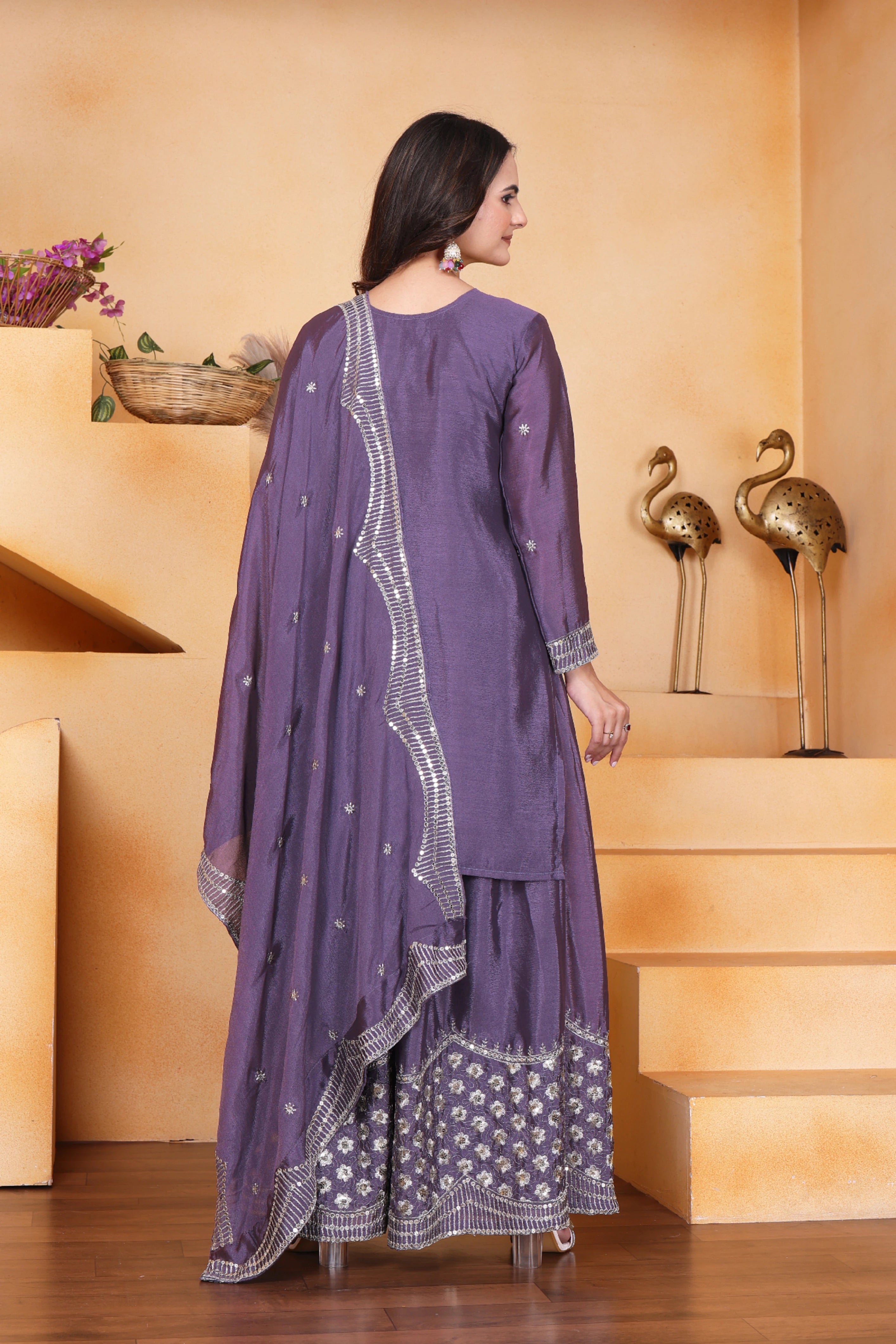 Lavender Sequins Embroidery Work Chinon Suit