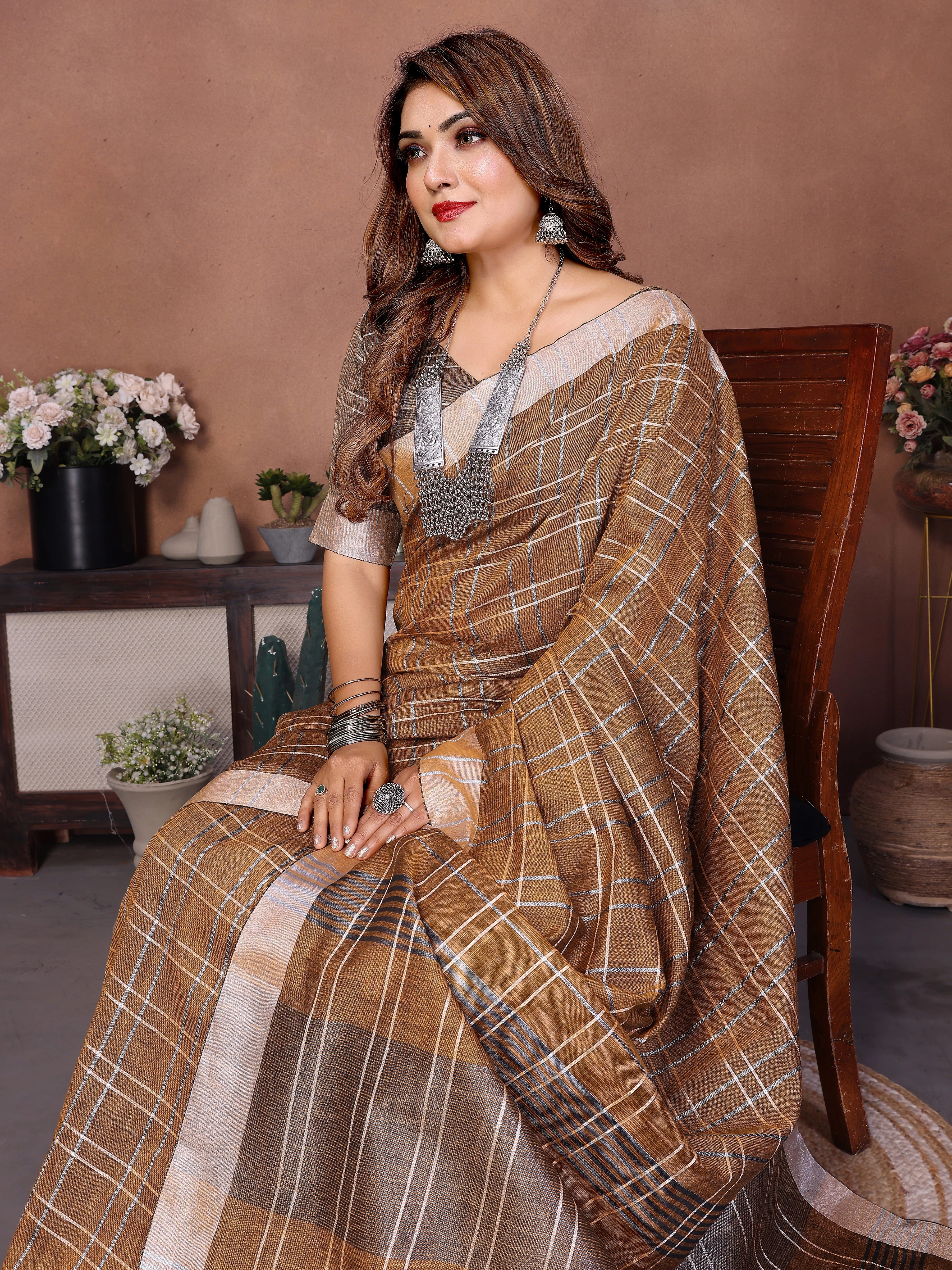Light Brown Ached Weaving Soft Linen Saree - kalyanja