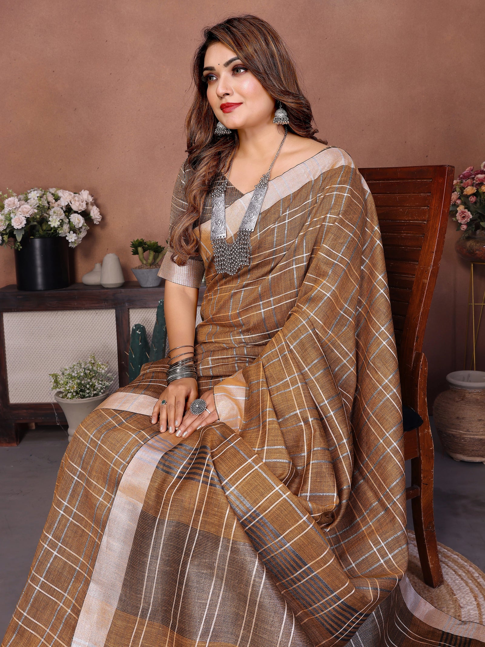 Light Brown Ached Weaving Soft Linen Saree - kalyanja