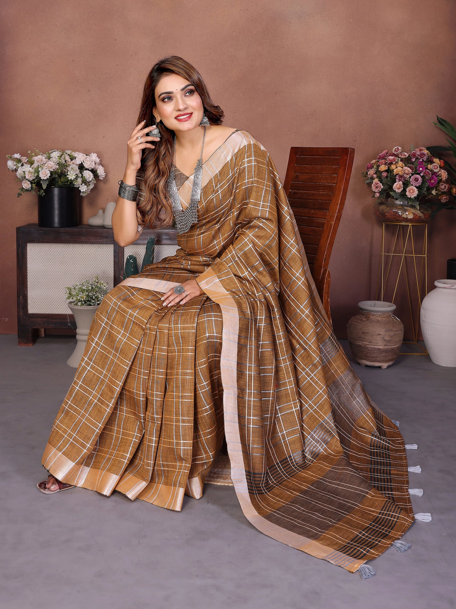 Light Brown Ached Weaving Soft Linen Saree – Kalyanja