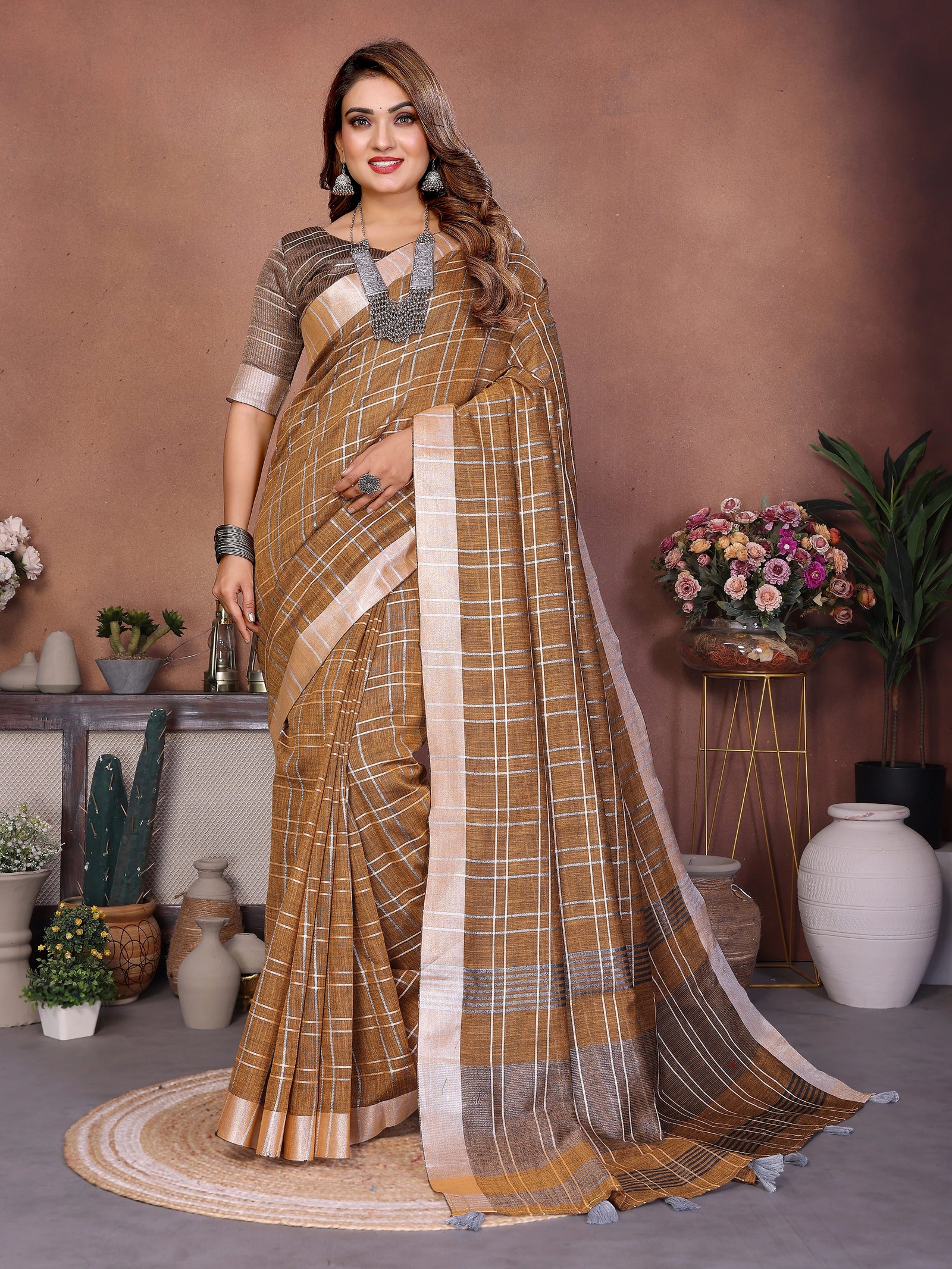 Light Brown Ached Weaving Soft Linen Saree – Kalyanja