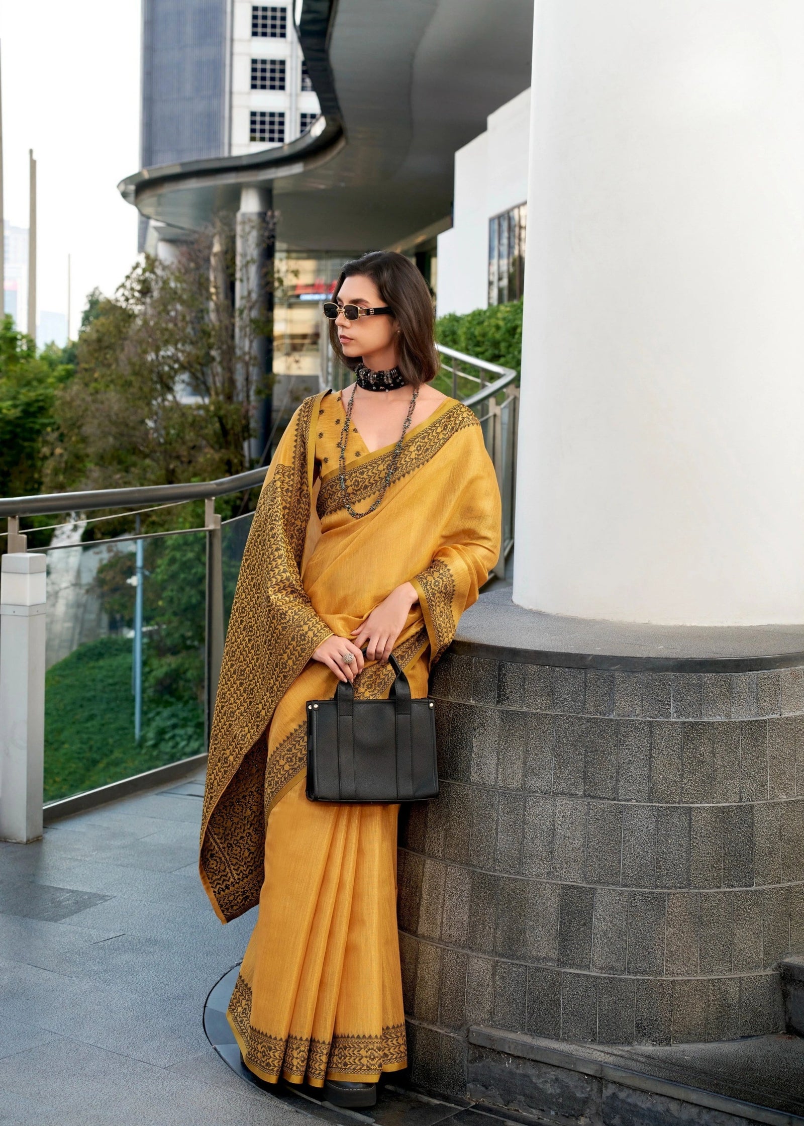 Mustard Yellow Zari Woven Border Linen Tissue Silk Saree Kalyanja Fashion