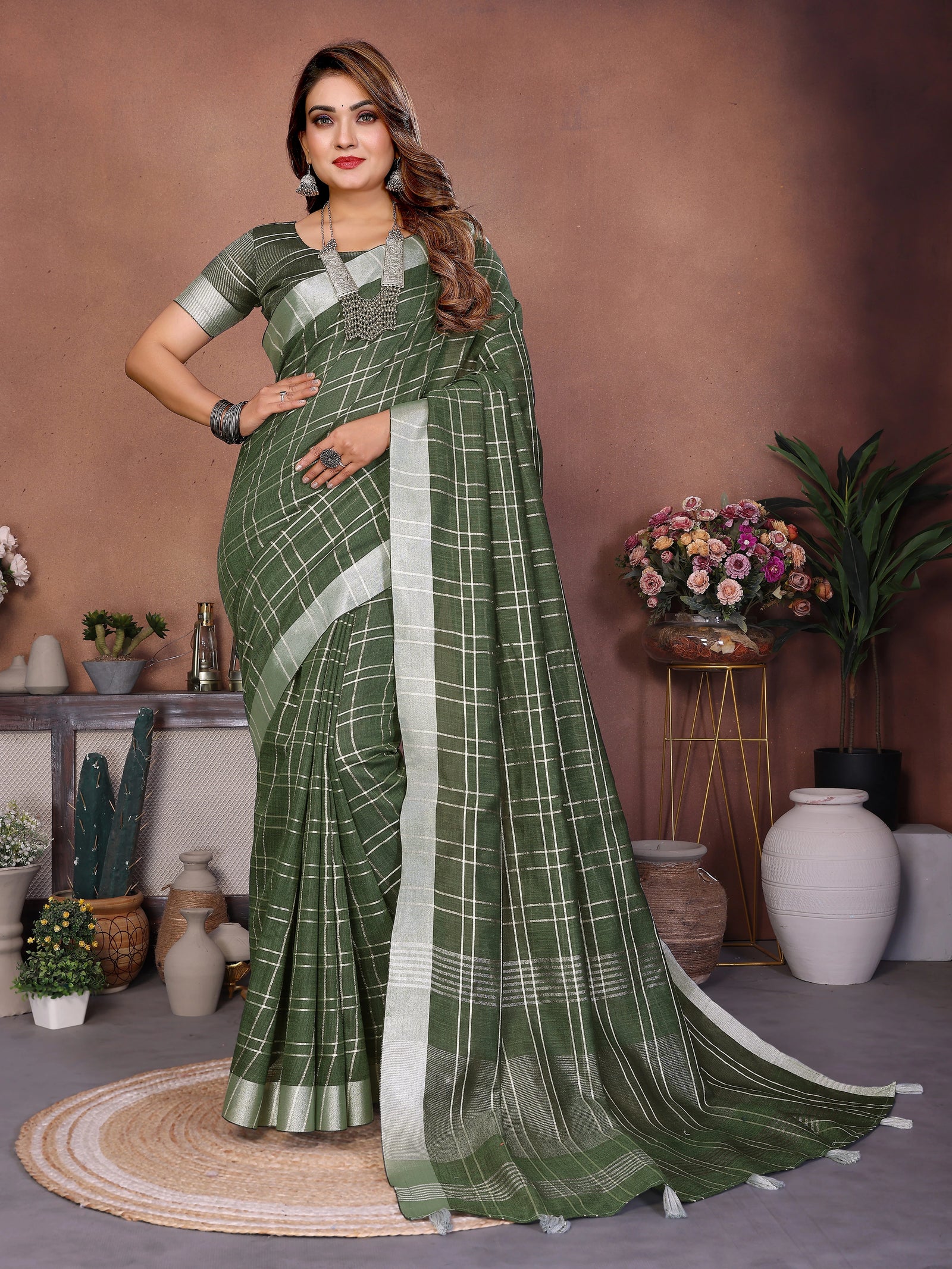 Dark green silver weaving linen saree – Kalyanja