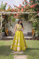 Fashion-forward yellow designer lehenga blends classic Indian craftsmanship with contemporary ethnic style.