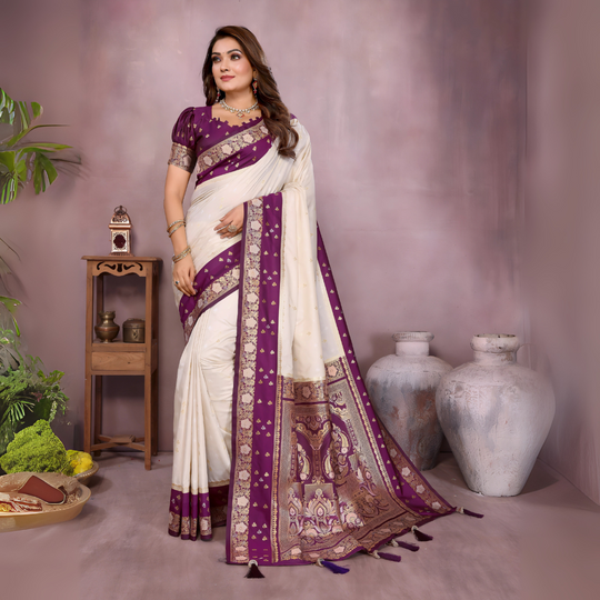 Beige Zari Woven Kalamkari Silk Saree
