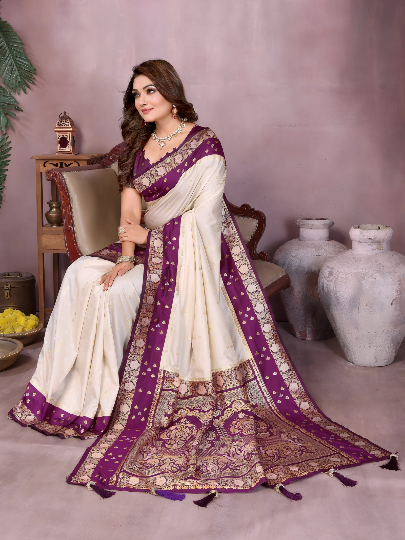 Beige Zari Woven Kalamkari Silk Saree