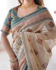Woman wearing a traditional saree with intricate patterns and jewelry.