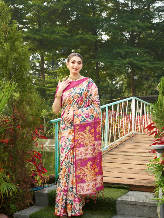 Premium beige floral printed saree with artistic magenta woven pallu and graceful traditional look.