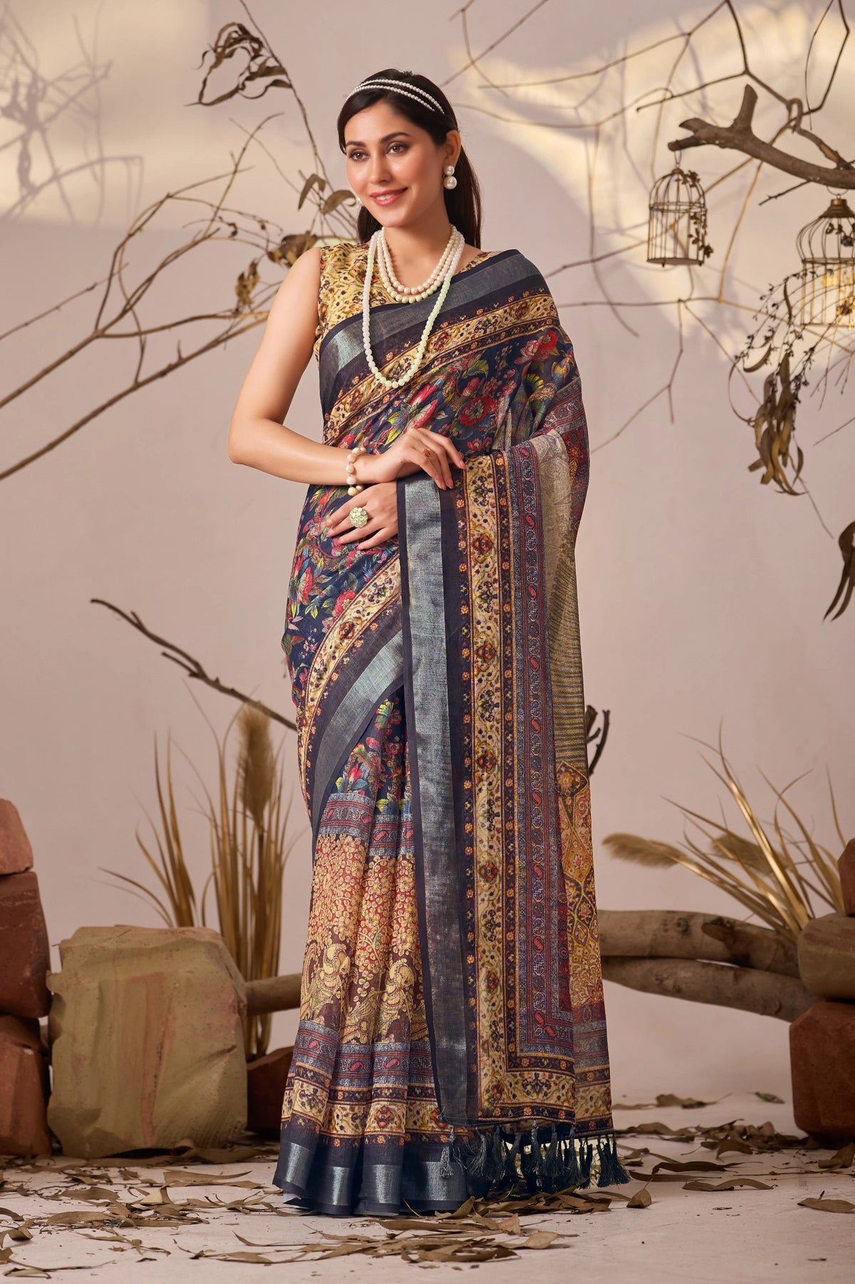 Beige Digital Floral & Royal Ethnic Print Linen Cotton Saree