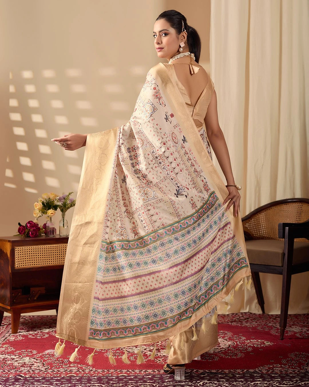 Buy Beige Digital Print Soft Lichi Silk Saree | Kalyanja