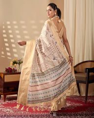 Buy Beige Digital Print Soft Lichi Silk Saree | Kalyanja