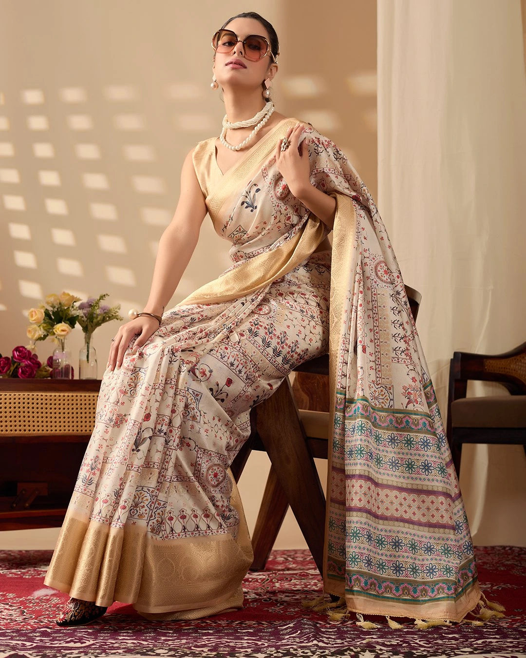 Buy Beige Digital Print Soft Lichi Silk Saree | Kalyanja