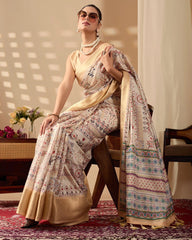 Buy Beige Digital Print Soft Lichi Silk Saree | Kalyanja
