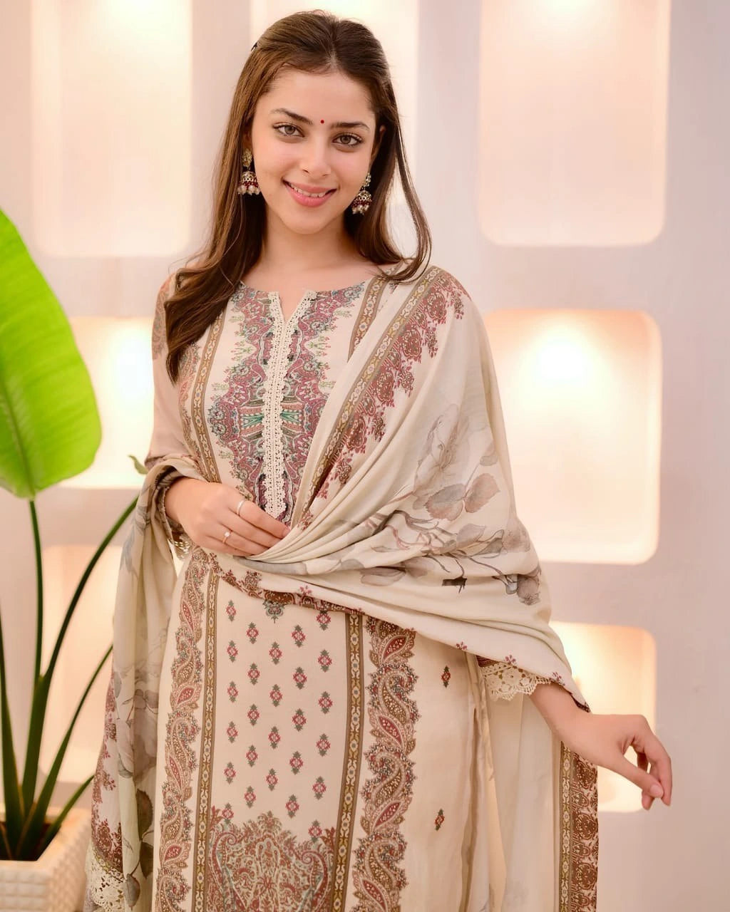 Woman wearing a traditional outfit with intricate patterns in a softly lit room.