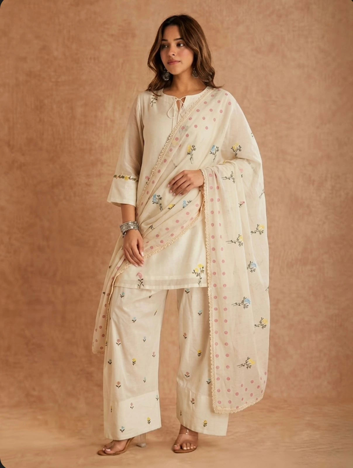 Woman wearing a traditional outfit with a beige background