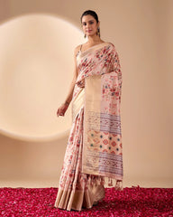 Beige Floral Digital Weaving & Golden Zari Border Soft Lichi Silk Saree