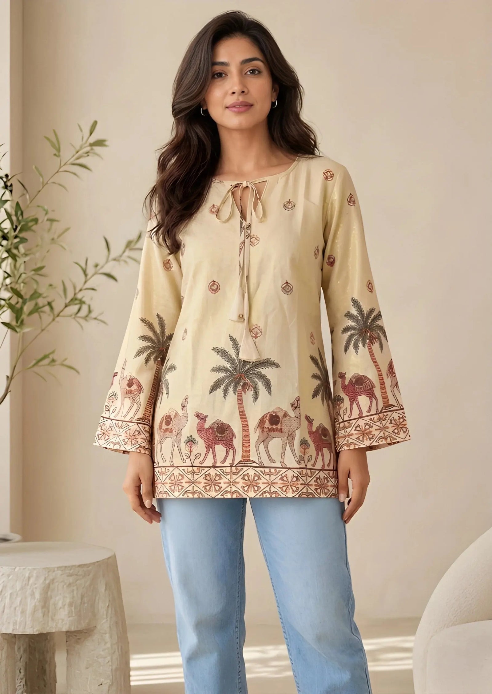 Woman wearing a beige embroidered top with palm tree and camel designs, standing indoors.