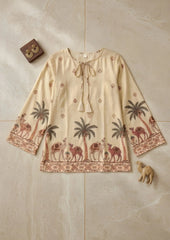Beige blouse with camel and palm tree pattern on a beige tiled background