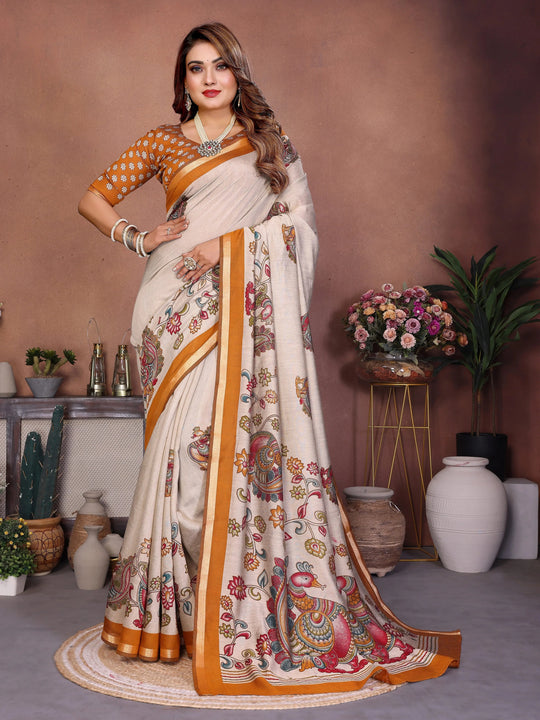 Woman in a traditional saree with a floral pattern in a decorated room.